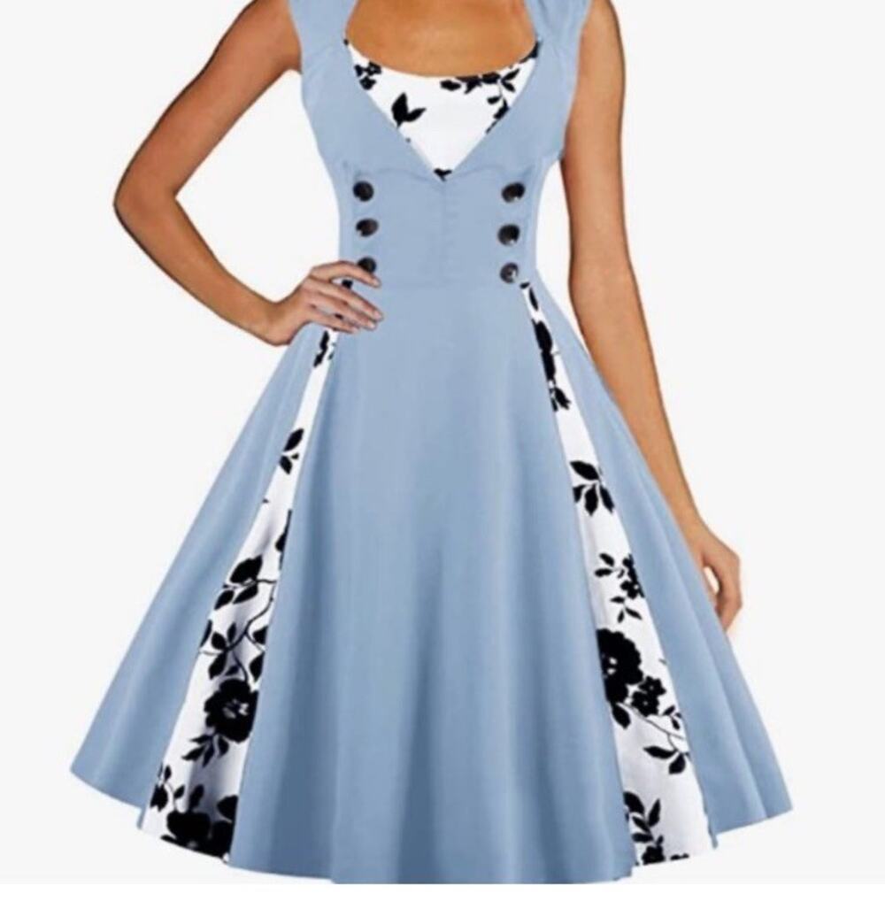 KillReal 1950s Inspired Retro Blue Dress Black & White Floral Side Zip Size S